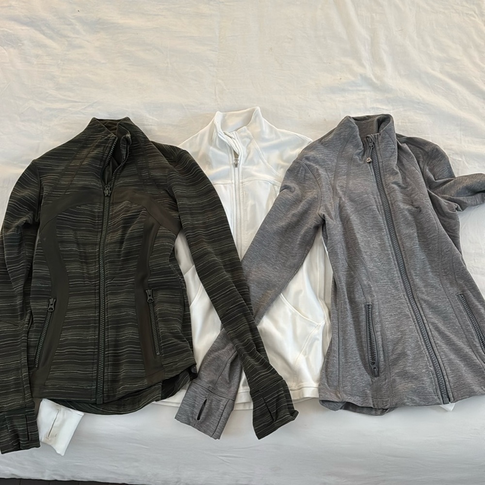 Set of 3 Lululemon Define jackets. Size 4. White, grey and army green